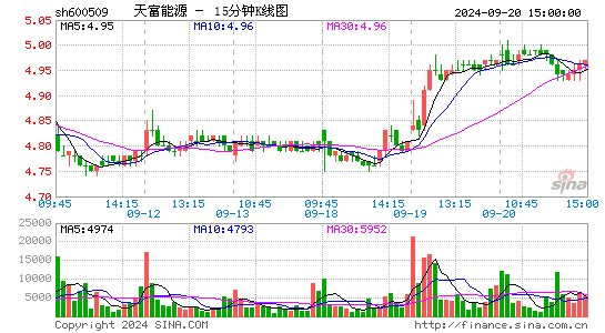 600509天富能源十五分K线