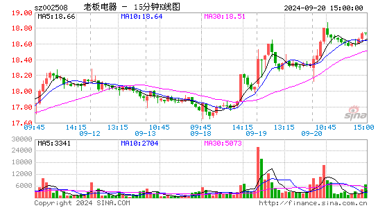 002508老板电器十五分K线