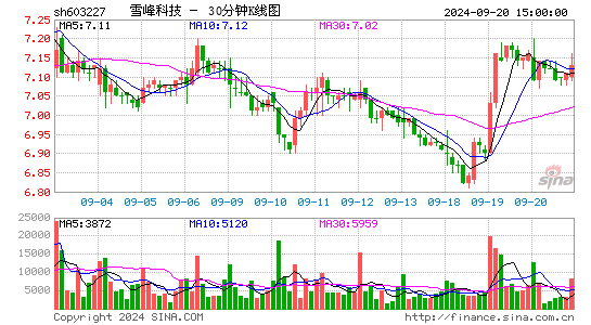 603227雪峰科技三十分钟K线