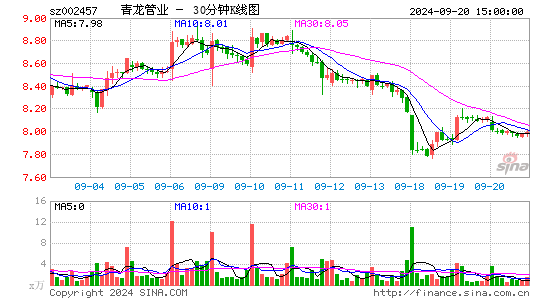 002457青龙管业三十分钟K线