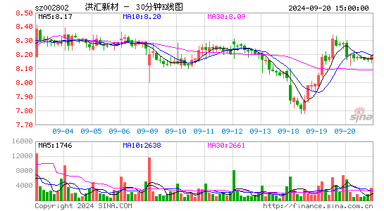 002802洪汇新材三十分钟K线