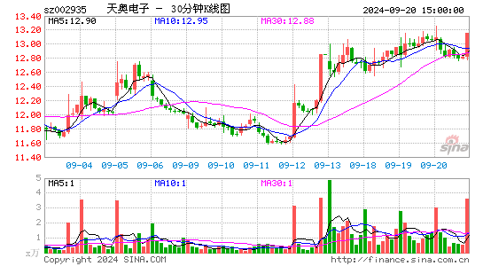 002935天奥电子三十分钟K线