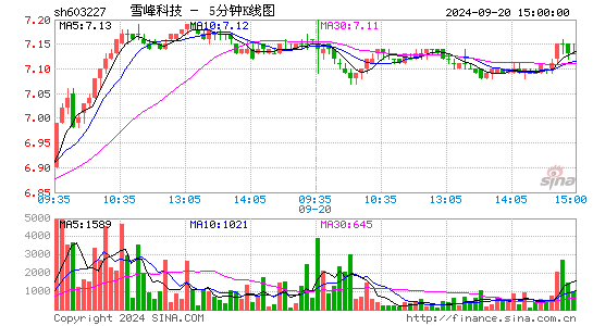 603227雪峰科技五分K线