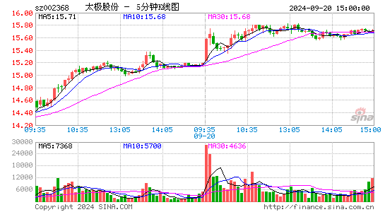 002368太极股份五分K线