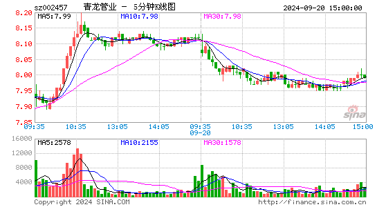 002457青龙管业五分K线