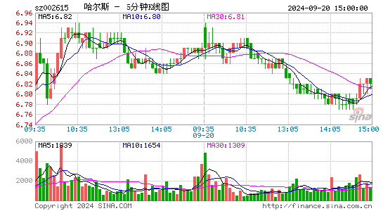 002615哈尔斯五分K线