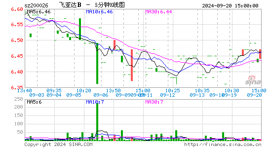 200026飞亚达B五分K线
